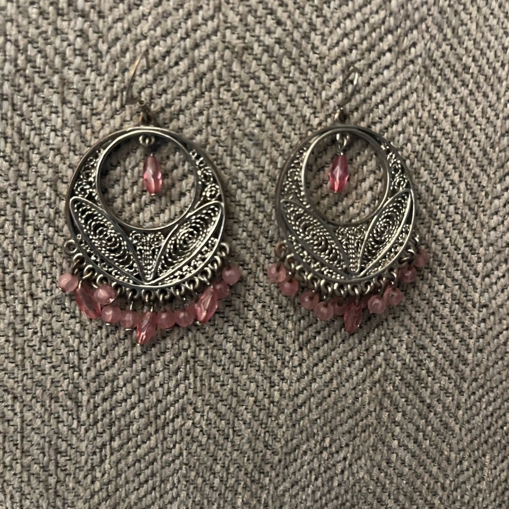 Bohemian Style Pink & Silver Tone Fish Hook Earrings. 90’s Vintage
